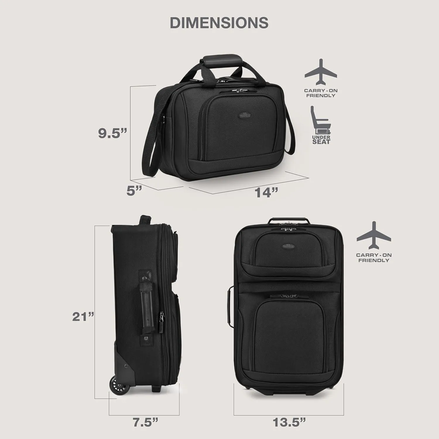 U.S. Traveler Lightweight Rolling 20" Carry On Luggage Softside Suitcase, Noir, 2 Wheel-2 Piece