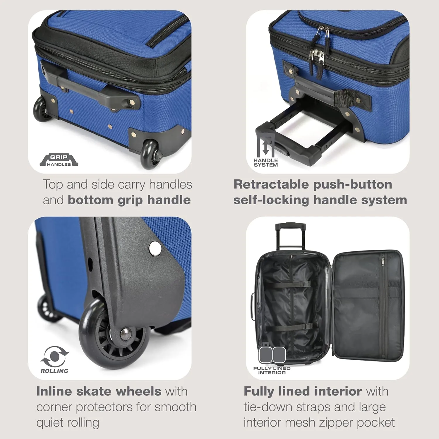 U.S. Traveler Rio Lightweight Carry-On Suitcase 20" Softside Expandable Design, Durable, Business and Travel, Blue, Set
