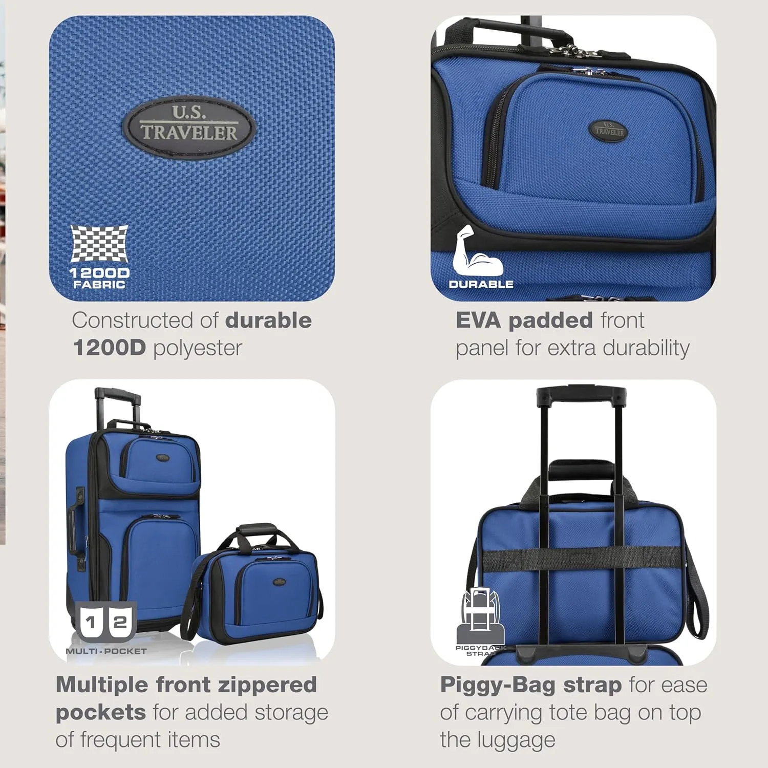 U.S. Traveler Rio Lightweight Carry-On Suitcase 20" Softside Expandable Design, Durable, Business and Travel, Blue, Set