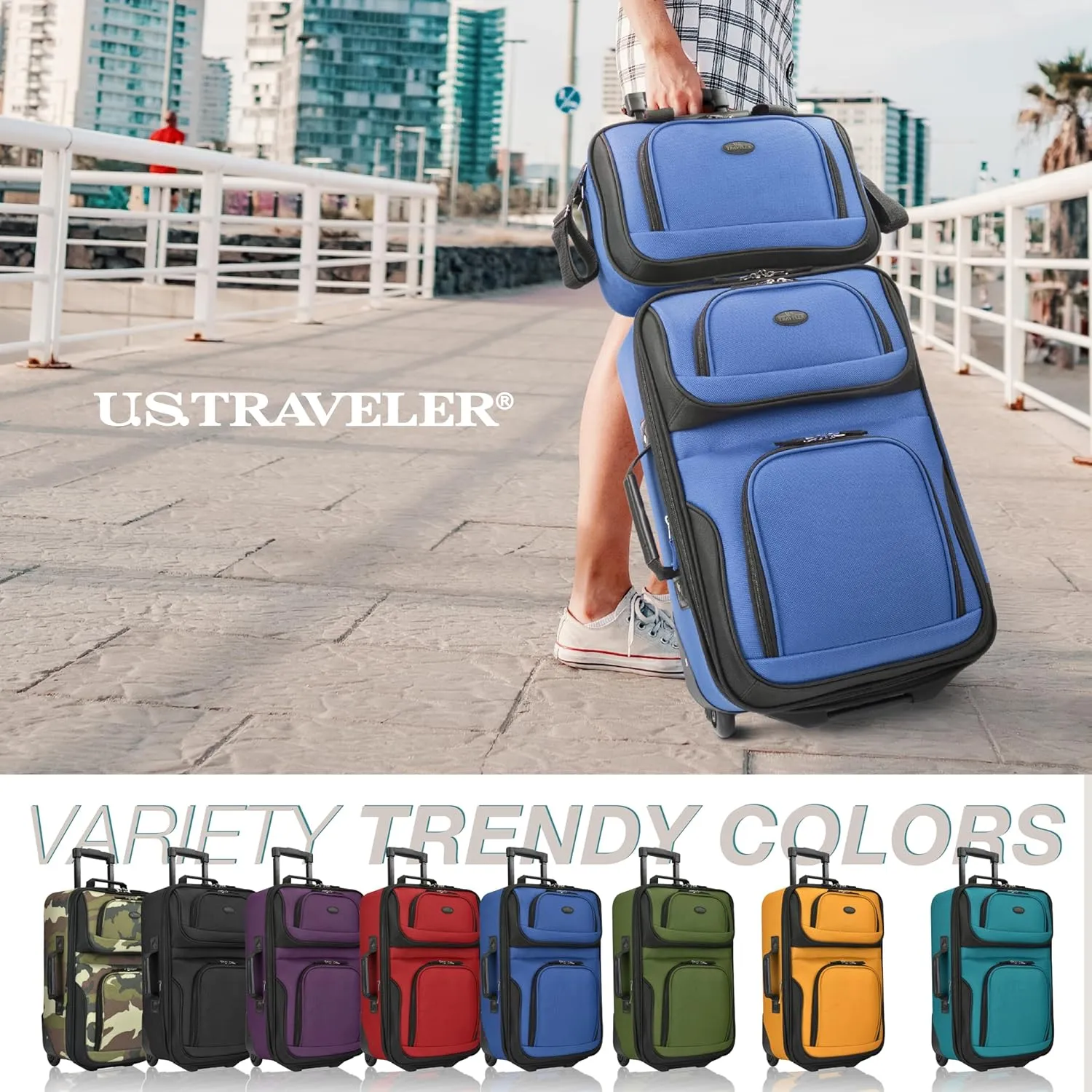 U.S. Traveler Rio Lightweight Carry-On Suitcase 20" Softside Expandable Design, Durable, Business and Travel, Blue, Set