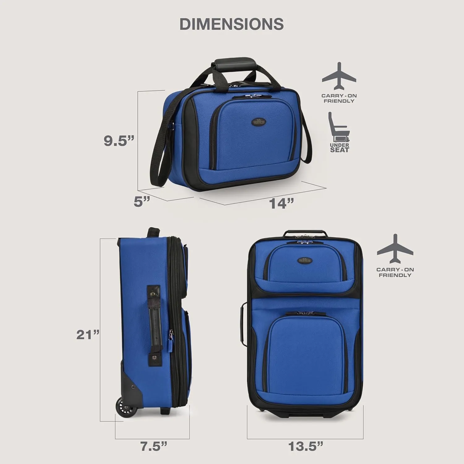 U.S. Traveler Rio Lightweight Carry-On Suitcase 20" Softside Expandable Design, Durable, Business and Travel, Blue, Set