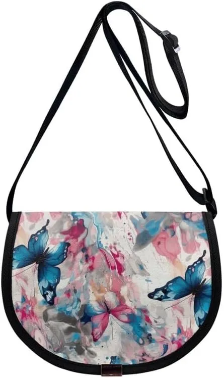Uskorhein Fractal Butterfly Lotus Graffiti Hippie Dog Nylon Crescent Crossbody Bag for Women Men Mini Messenger Satchel Bag
