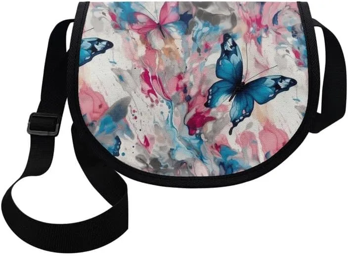 Uskorhein Fractal Butterfly Lotus Graffiti Hippie Dog Nylon Crescent Crossbody Bag for Women Men Mini Messenger Satchel Bag