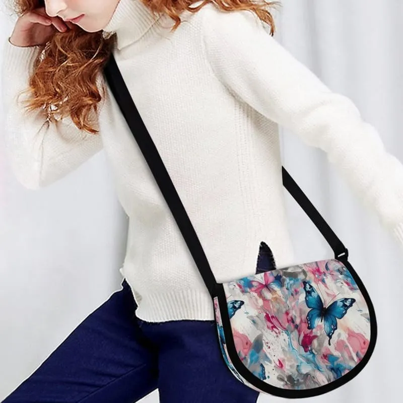 Uskorhein Fractal Butterfly Lotus Graffiti Hippie Dog Nylon Crescent Crossbody Bag for Women Men Mini Messenger Satchel Bag