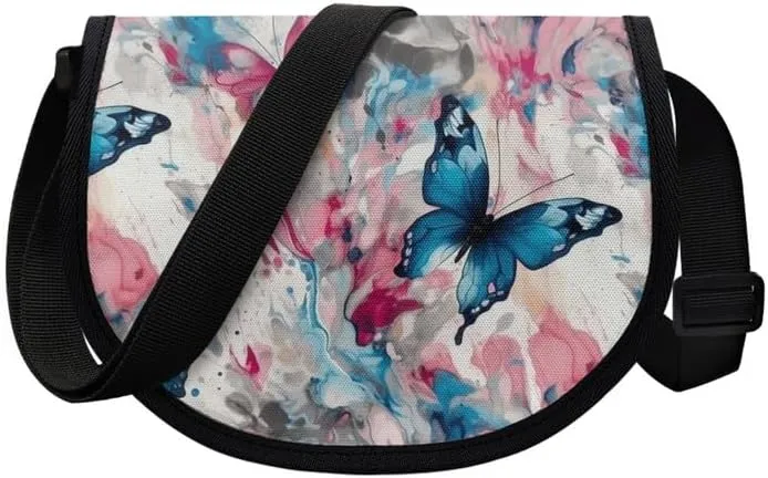 Uskorhein Fractal Butterfly Lotus Graffiti Hippie Dog Nylon Crescent Crossbody Bag for Women Men Mini Messenger Satchel Bag