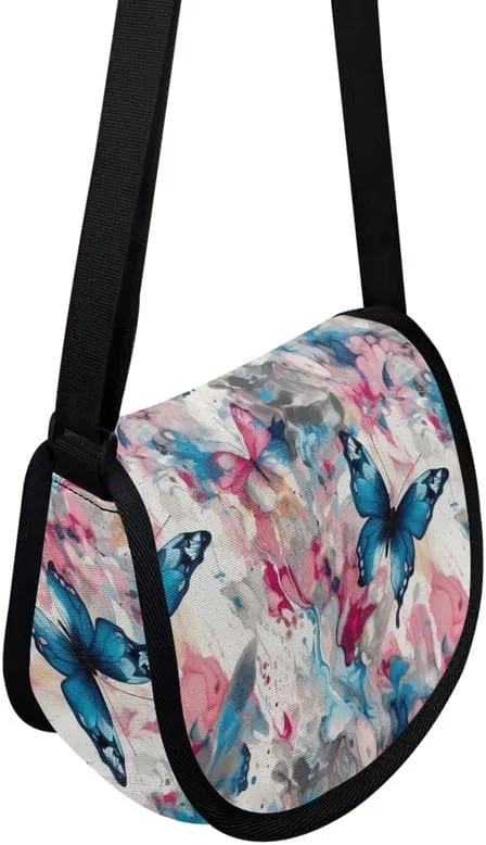 Uskorhein Fractal Butterfly Lotus Graffiti Hippie Dog Nylon Crescent Crossbody Bag for Women Men Mini Messenger Satchel Bag