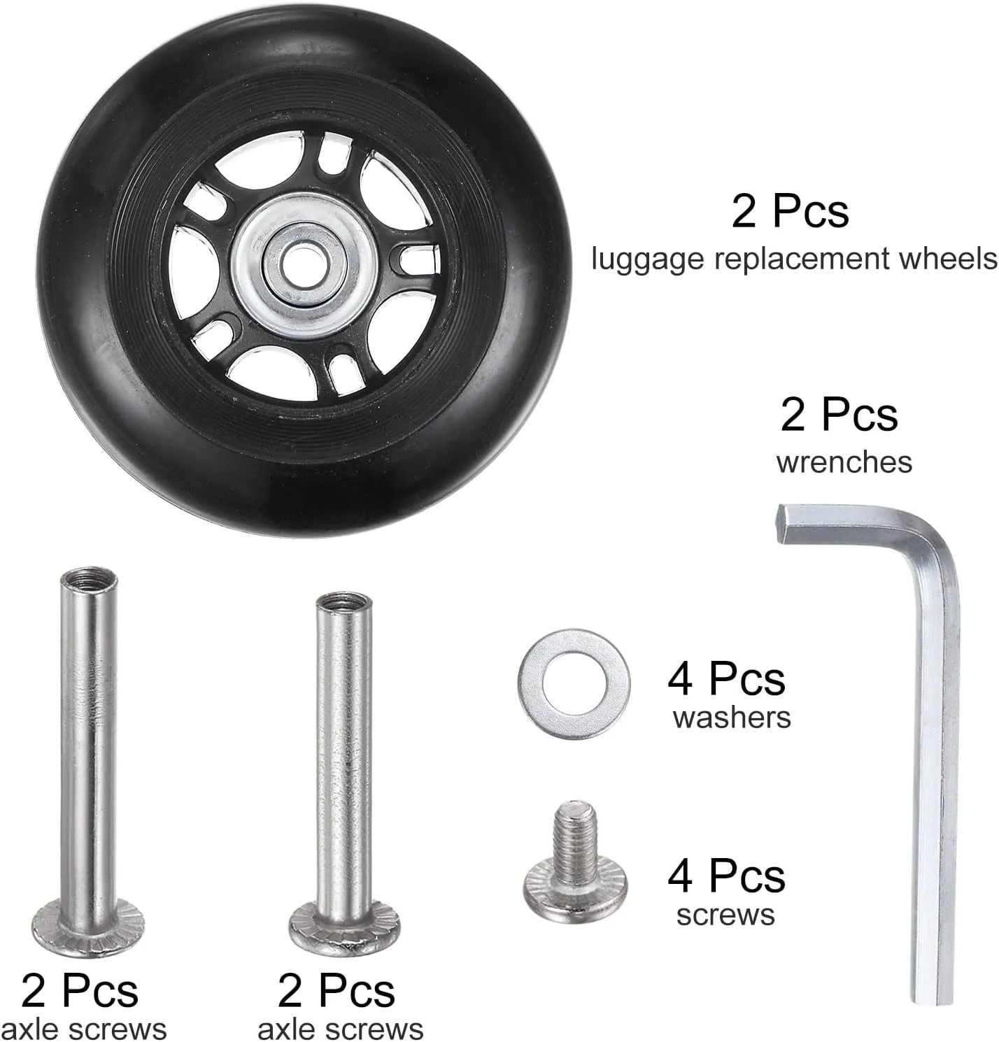 uxcell Replacement Luggage Wheels 80x24mm Suitcase Wheel Repair Kits Include 2 PU Bearing Wheels & Washers, Wrenches & Axle Screw for Trolley Bag, Inline Skate and Caster Board