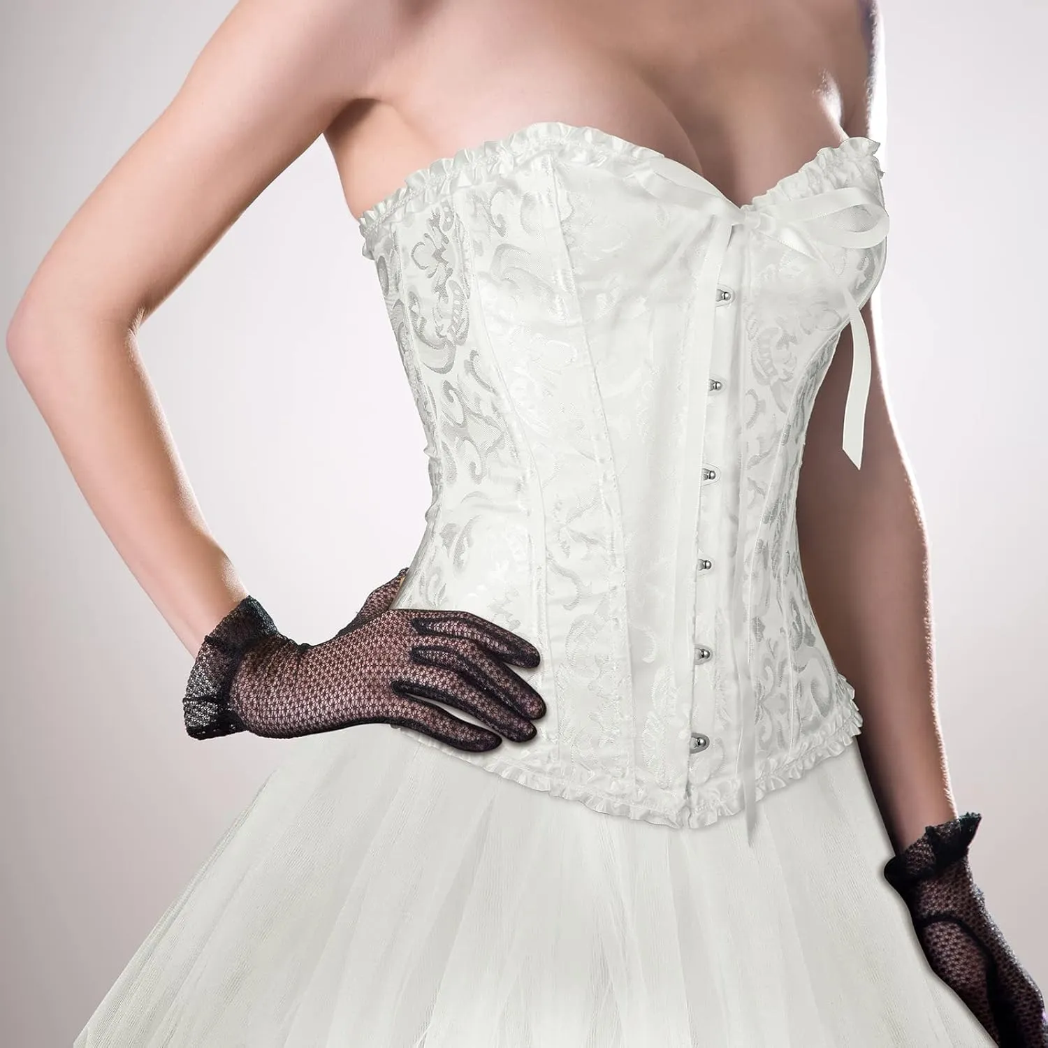 Vabean Halloween Woman Retro Court Costume Lace Back Floral Corset Lingerie Ballet Bubble Skirt Stockings