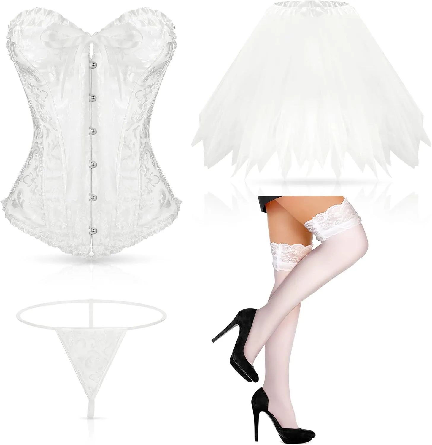 Vabean Halloween Woman Retro Court Costume Lace Back Floral Corset Lingerie Ballet Bubble Skirt Stockings