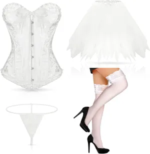 Vabean Halloween Woman Retro Court Costume Lace Back Floral Corset Lingerie Ballet Bubble Skirt Stockings