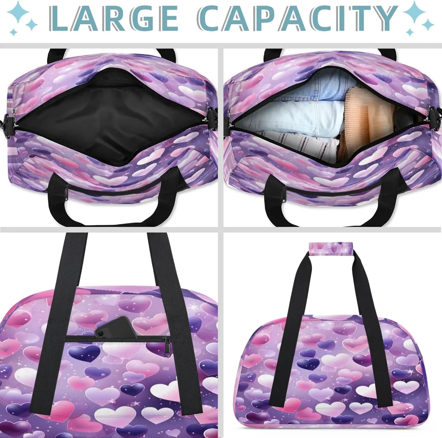 Valentine's Day Pink Purple Heart Small Gym Bag 18 inch Carry On Duffel Bag for Weekender Travel Sports Workout Yoga Gymnastics Dance Ballet