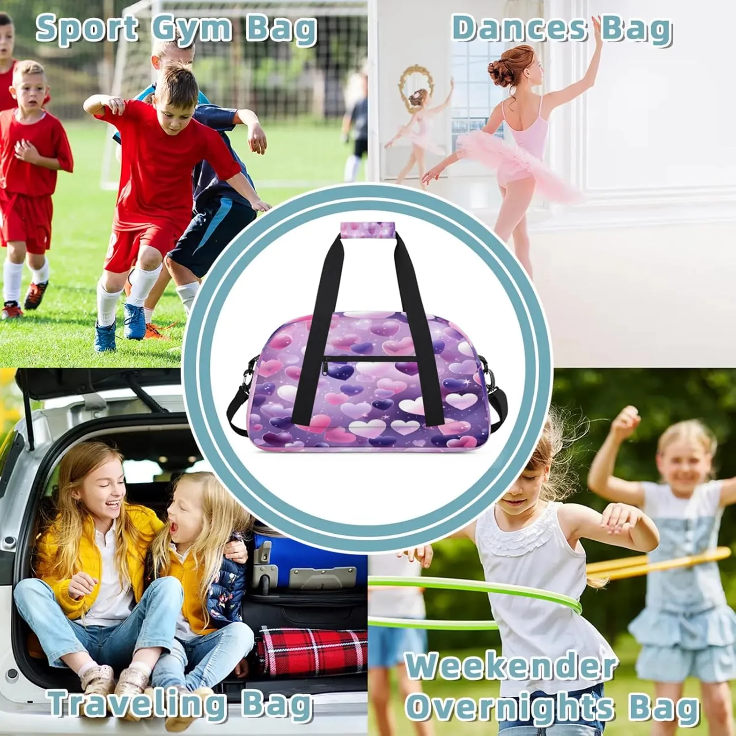 Valentine's Day Pink Purple Heart Small Gym Bag 18 inch Carry On Duffel Bag for Weekender Travel Sports Workout Yoga Gymnastics Dance Ballet