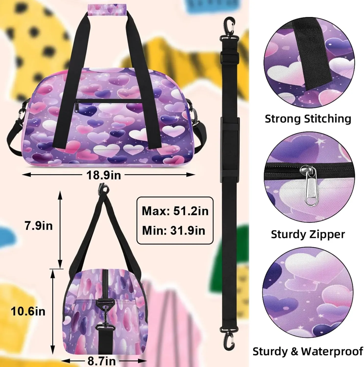 Valentine's Day Pink Purple Heart Small Gym Bag 18 inch Carry On Duffel Bag for Weekender Travel Sports Workout Yoga Gymnastics Dance Ballet
