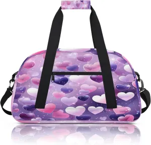 Valentine's Day Pink Purple Heart Small Gym Bag 18 inch Carry On Duffel Bag for Weekender Travel Sports Workout Yoga Gymnastics Dance Ballet