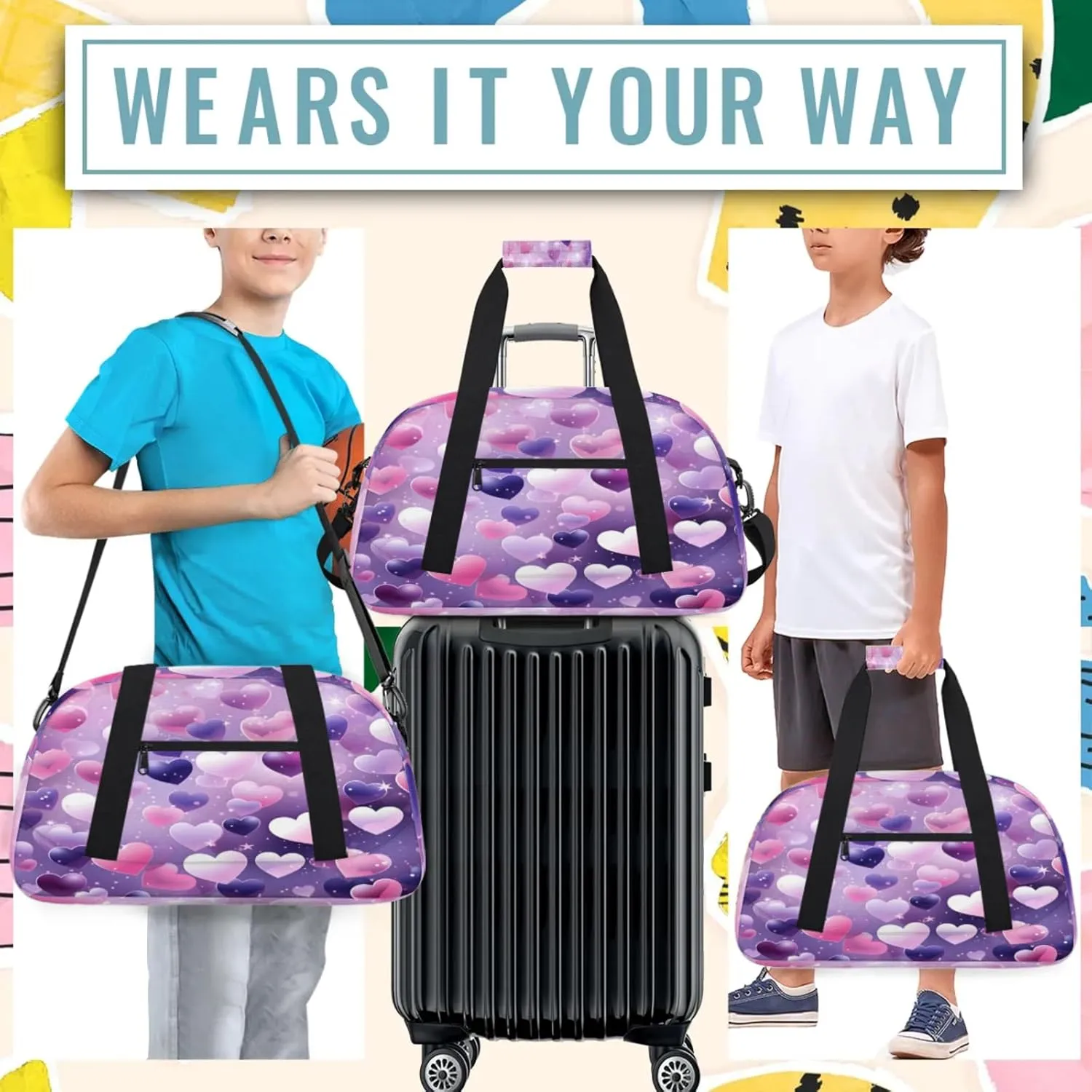 Valentine's Day Pink Purple Heart Small Gym Bag 18 inch Carry On Duffel Bag for Weekender Travel Sports Workout Yoga Gymnastics Dance Ballet
