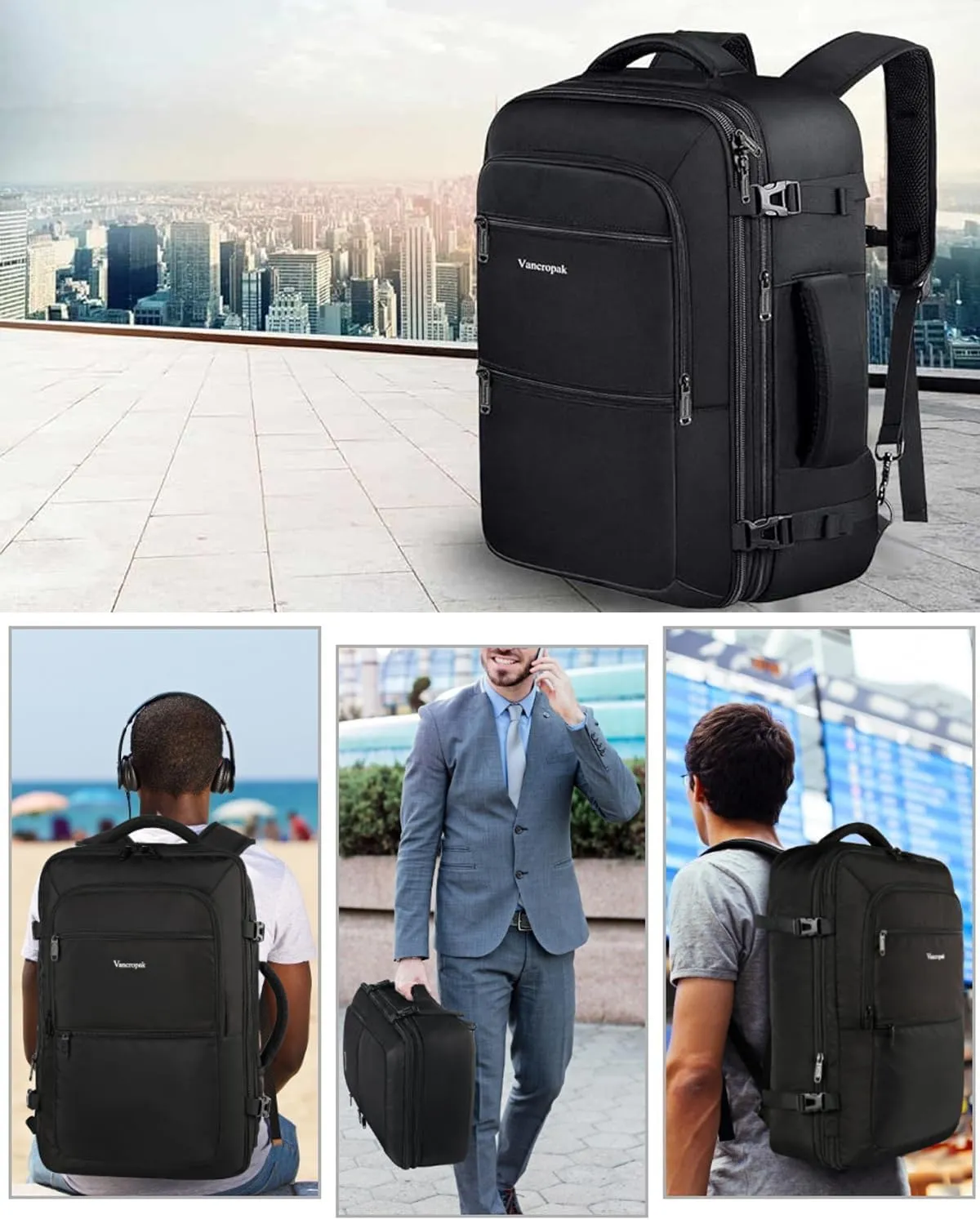 Vancropak Carry On Backpack, 50L Expandable Extra Large Travel Backpack, Flight Approved Water Resistant Luggage Suitcase Daypack, Lightweight Business Overnight Weekender Bag for Men & Women, Black