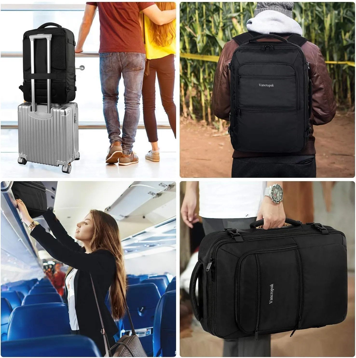 Vancropak Carry On Backpack, 50L Expandable Extra Large Travel Backpack, Flight Approved Water Resistant Luggage Suitcase Daypack, Lightweight Business Overnight Weekender Bag for Men & Women, Black