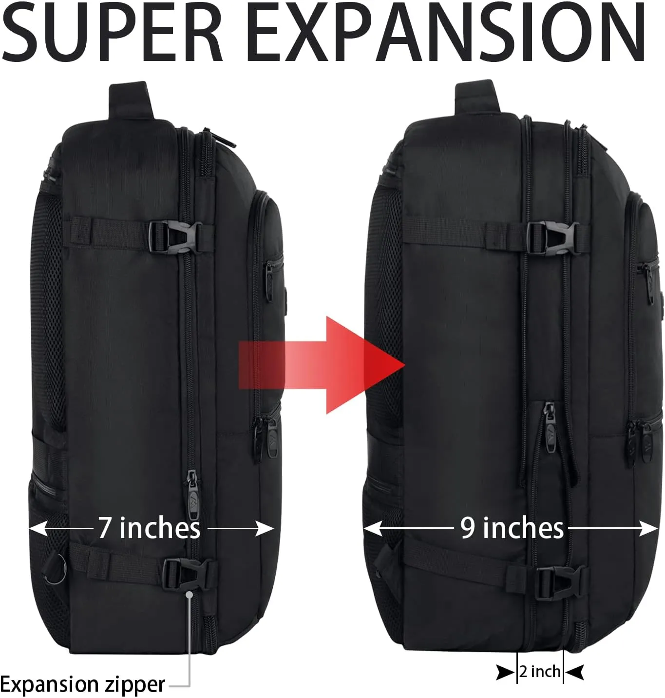 Vancropak Carry On Backpack, 50L Expandable Extra Large Travel Backpack, Flight Approved Water Resistant Luggage Suitcase Daypack, Lightweight Business Overnight Weekender Bag for Men & Women, Black