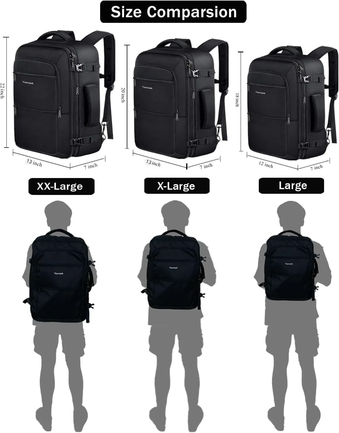 Vancropak Carry On Backpack, 50L Expandable Extra Large Travel Backpack, Flight Approved Water Resistant Luggage Suitcase Daypack, Lightweight Business Overnight Weekender Bag for Men & Women, Black