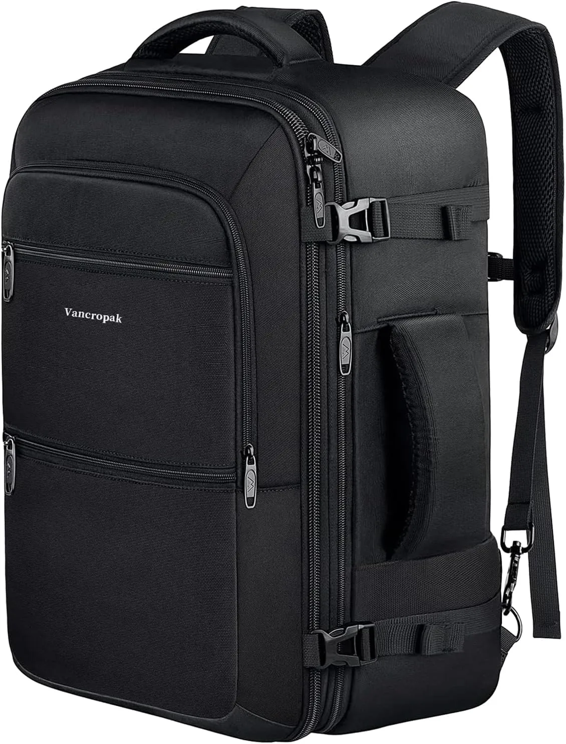 Vancropak Carry On Backpack, 50L Expandable Extra Large Travel Backpack, Flight Approved Water Resistant Luggage Suitcase Daypack, Lightweight Business Overnight Weekender Bag for Men & Women, Black