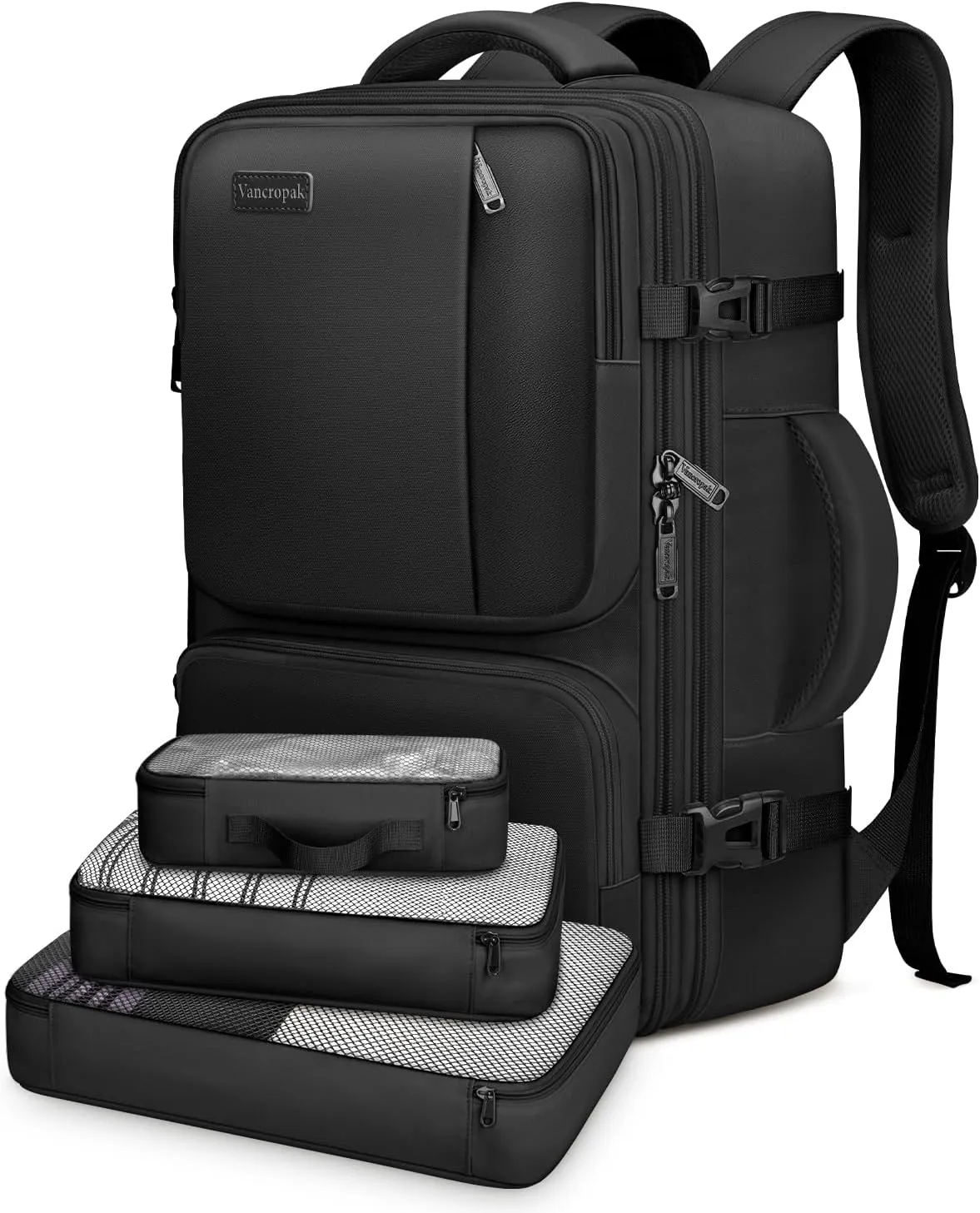 Vancropak Carry on Backpack, Flight Approved 40L Travel Backpack with 3 Packing Cubes for Men Women, Water Resistant Expandable Business Luggage Daypack Suitcase Travel Bag, Traveling Gifts, Black