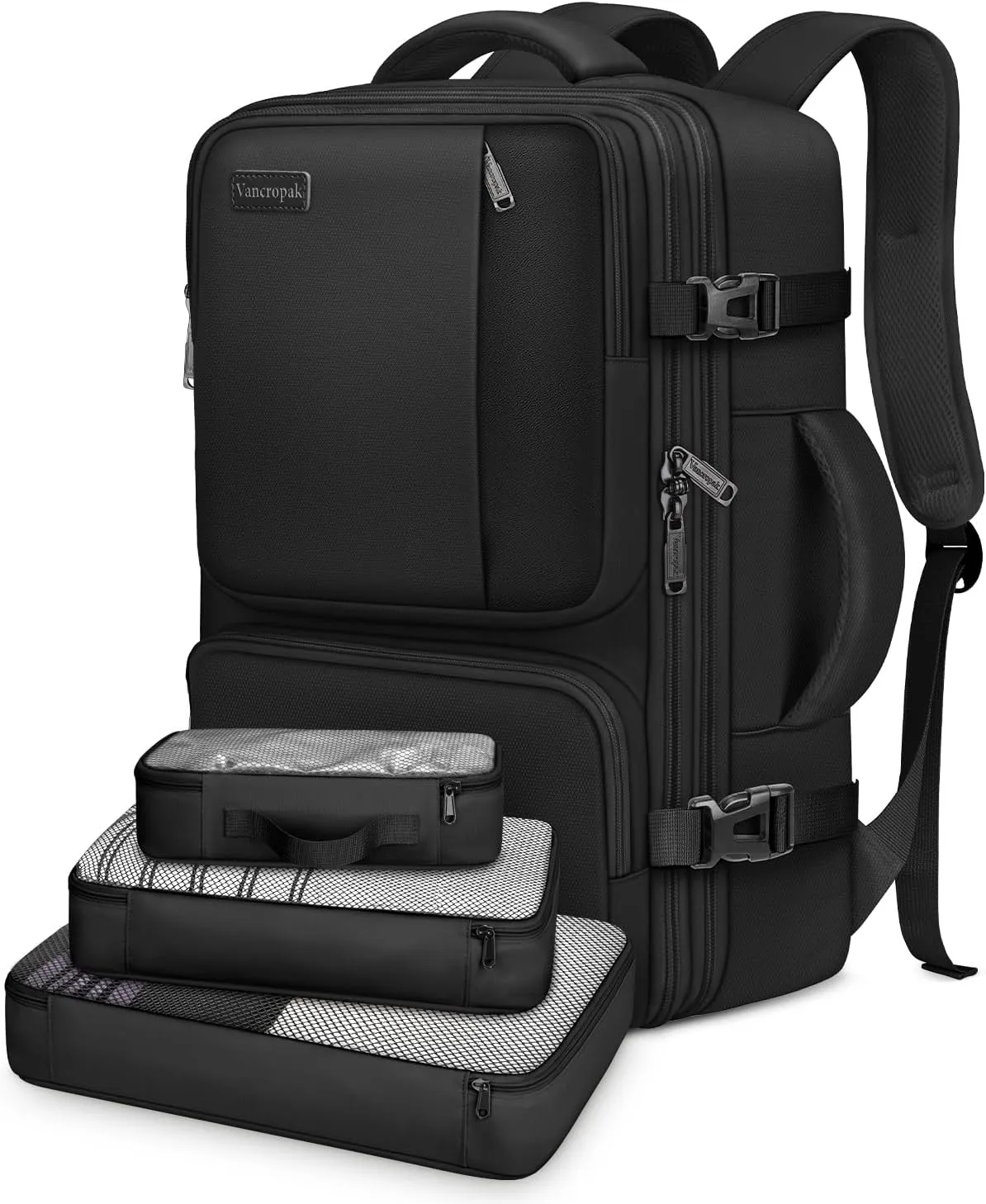 Vancropak Carry on Backpack, Flight Approved 40L Travel Backpack with 3 Packing Cubes for Men Women, Water Resistant Expandable Business Luggage Daypack Suitcase Travel Bag, Traveling Gifts, Black