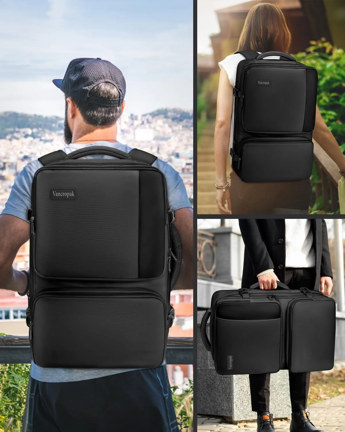 Vancropak Carry on Backpack, Flight Approved 40L Travel Backpack with 3 Packing Cubes for Men Women, Water Resistant Expandable Business Luggage Daypack Suitcase Travel Bag, Traveling Gifts, Black