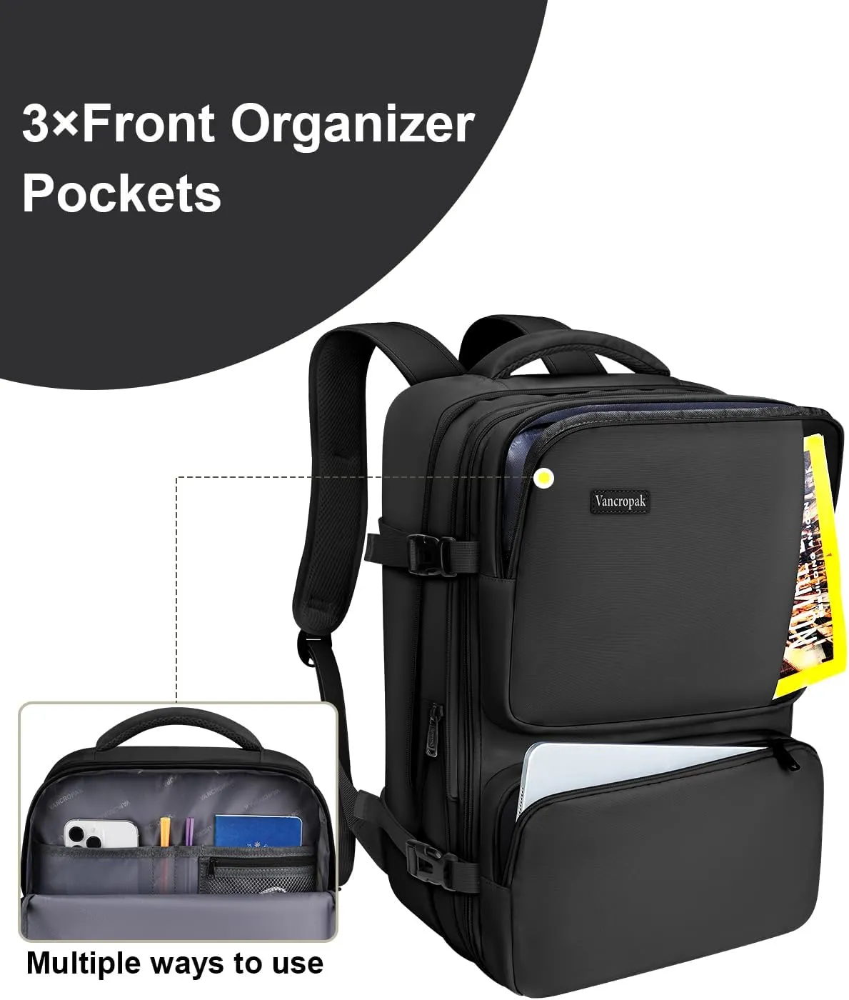 Vancropak Carry on Backpack, Flight Approved 40L Travel Backpack with 3 Packing Cubes for Men Women, Water Resistant Expandable Business Luggage Daypack Suitcase Travel Bag, Traveling Gifts, Black