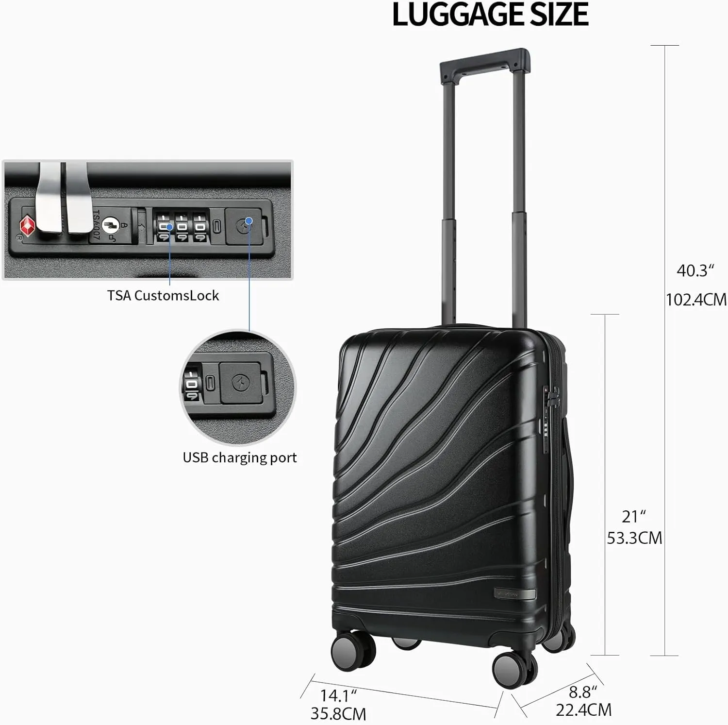 VANKEAN Carry On Luggage with Spinner Wheels & TSA Lock, Expandable Fashionable Hard Shell Suitcase airline approved，20 Inch Carry-On，Black