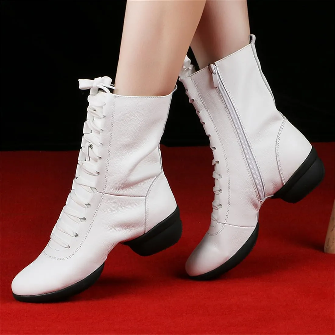 VEACAM Jazz Ballet Dance Boots, Lace-Up Dancing Sneakers for Women Leather High Top Ballroom Performance Shoes