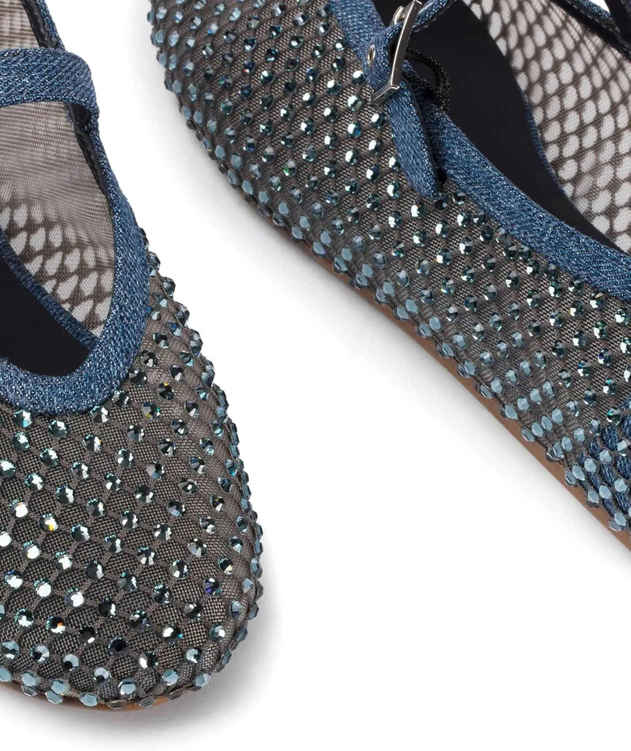 Vertundy Women's Mesh Ballet Flat Shoes with Rhinestone Round Toe Slip On Strap Buckle Causal Dress Crystal Fishnet Ballerina Shoes Ladies