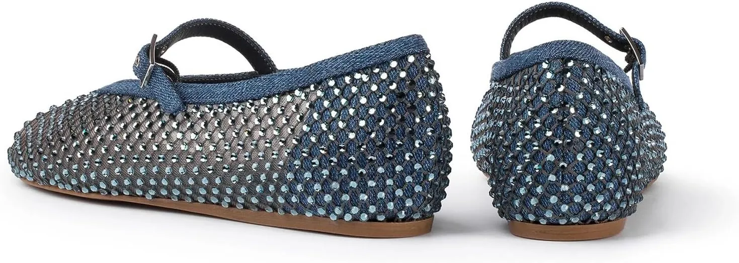 Vertundy Women's Mesh Ballet Flat Shoes with Rhinestone Round Toe Slip On Strap Buckle Causal Dress Crystal Fishnet Ballerina Shoes Ladies