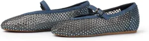 Vertundy Women's Mesh Ballet Flat Shoes with Rhinestone Round Toe Slip On Strap Buckle Causal Dress Crystal Fishnet Ballerina Shoes Ladies