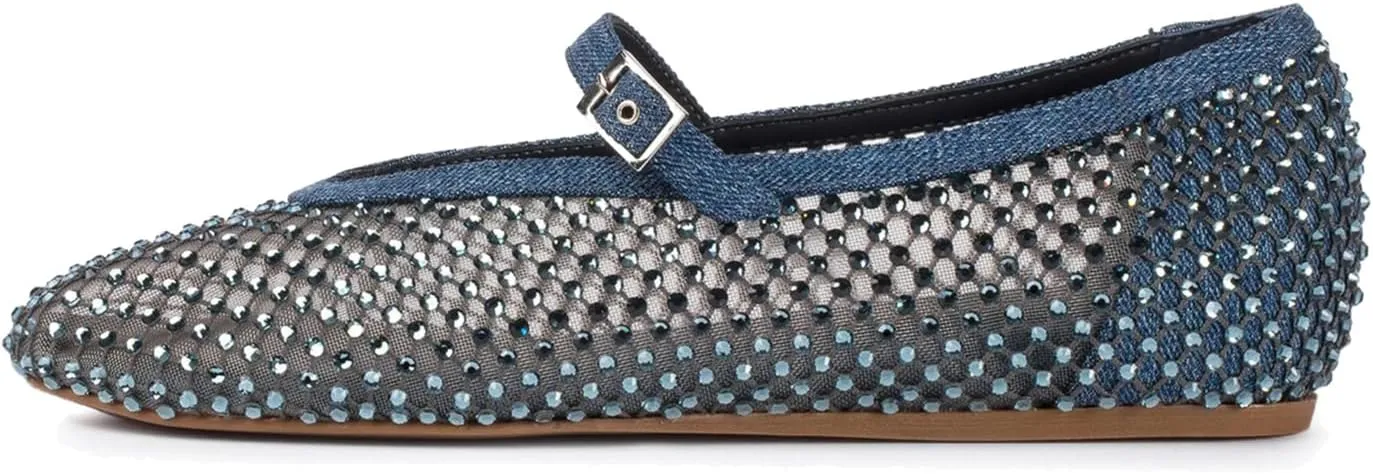 Vertundy Women's Mesh Ballet Flat Shoes with Rhinestone Round Toe Slip On Strap Buckle Causal Dress Crystal Fishnet Ballerina Shoes Ladies