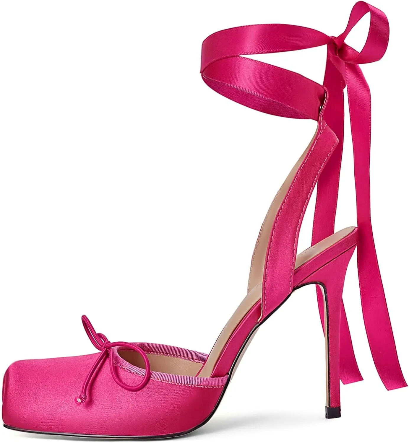 Vertundy Women's Satin Ballet Heels Lace Up Square Toe Stiletto High Bow Ballerina Heels