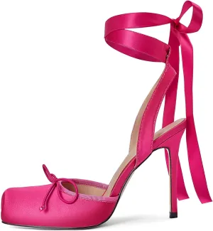 Vertundy Women's Satin Ballet Heels Lace Up Square Toe Stiletto High Bow Ballerina Heels