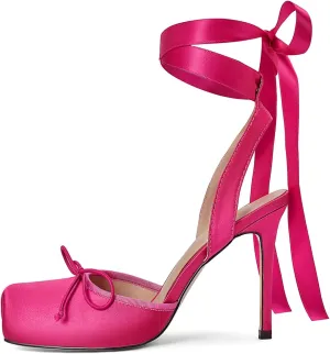 Vertundy Women's Satin Ballet Heels Lace Up Square Toe Stiletto High Bow Ballerina Heels