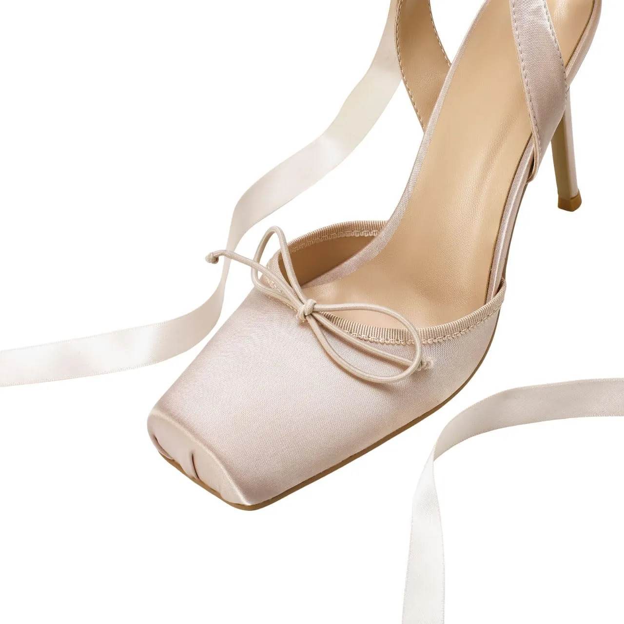 Vertundy Women's Satin Ballet Heels Lace Up Square Toe Stiletto High Bow Ballerina Heels