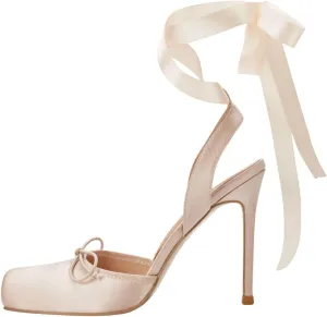 Vertundy Women's Satin Ballet Heels Lace Up Square Toe Stiletto High Bow Ballerina Heels