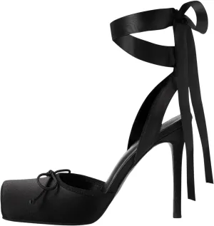 Vertundy Women's Satin Ballet Heels Lace Up Square Toe Stiletto High Bow Ballerina Heels