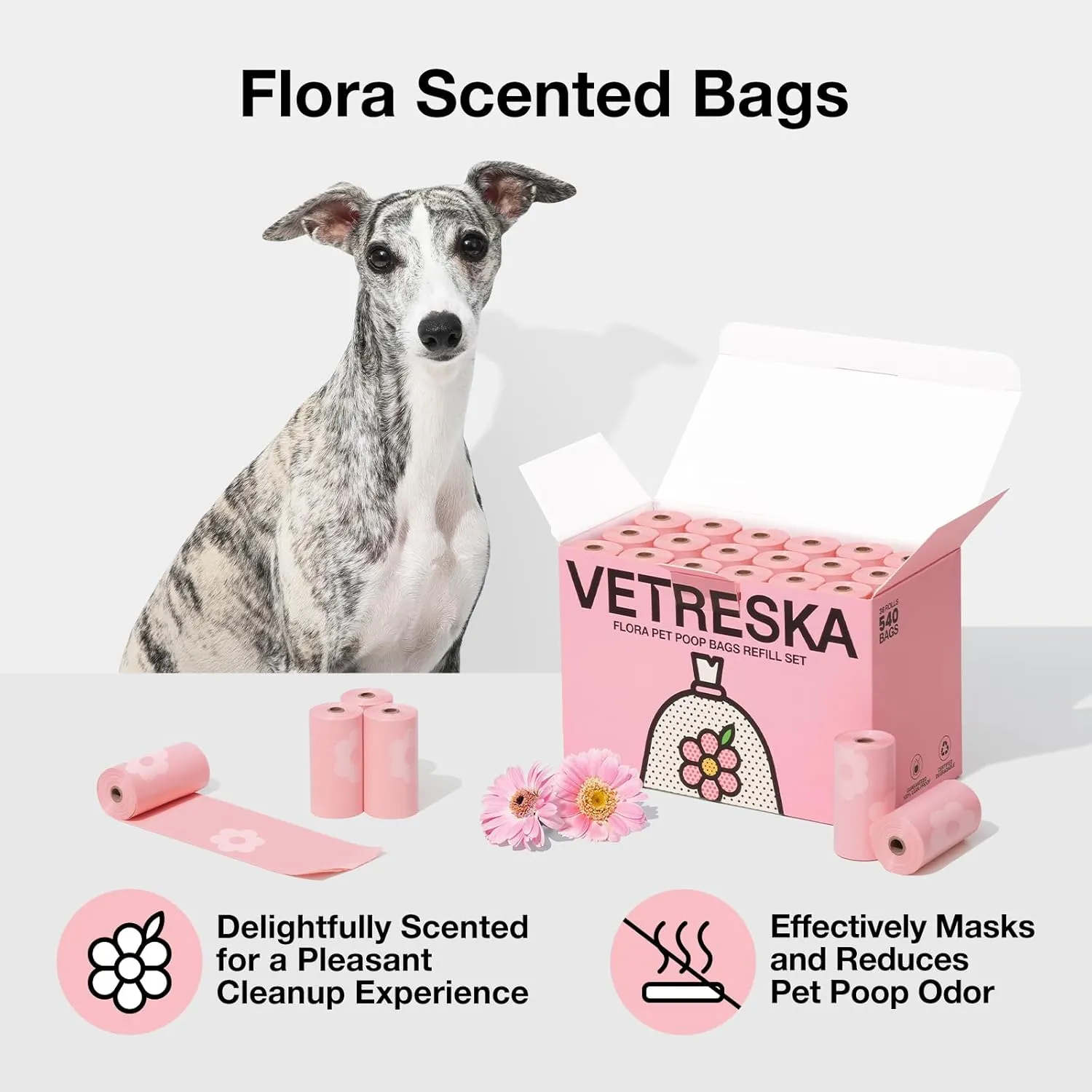 VETRESKA Lavender Scented Dog Poop Bags, Leak Proof, Extra Thick and Large Dog Waste Bags for Dog Walking and Cat Litter, 36 Refill Rolls, 540 Bags, Pink