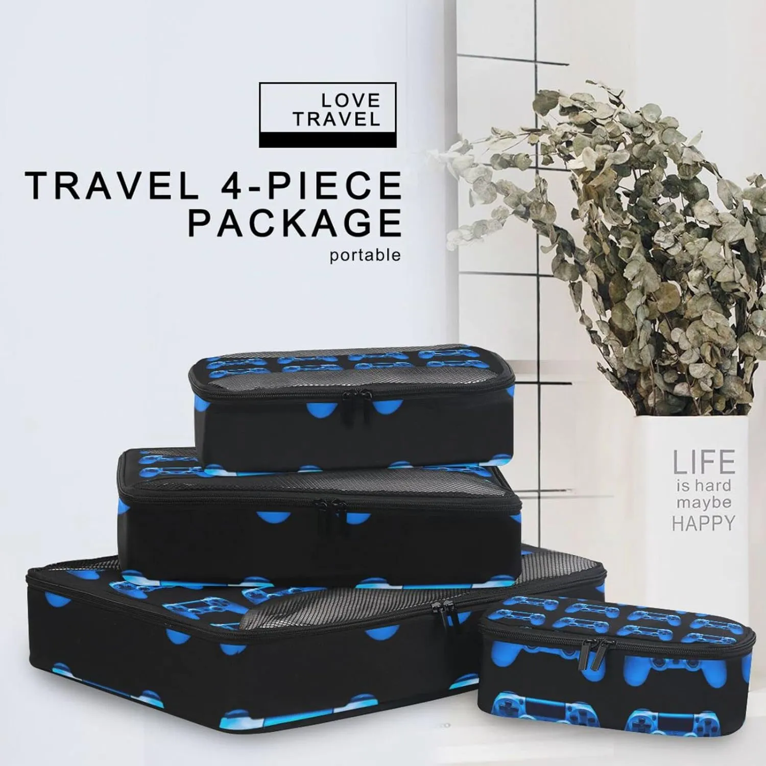 Video Game Joystick Gamepad in Blue Neon Lights Isolated on Black 4 PCs Set Packing Bags, Luggage Organizer Bag, Portable Cube Toiletry bag, Durable Travel Cosmetic Storage Bag for Men Women