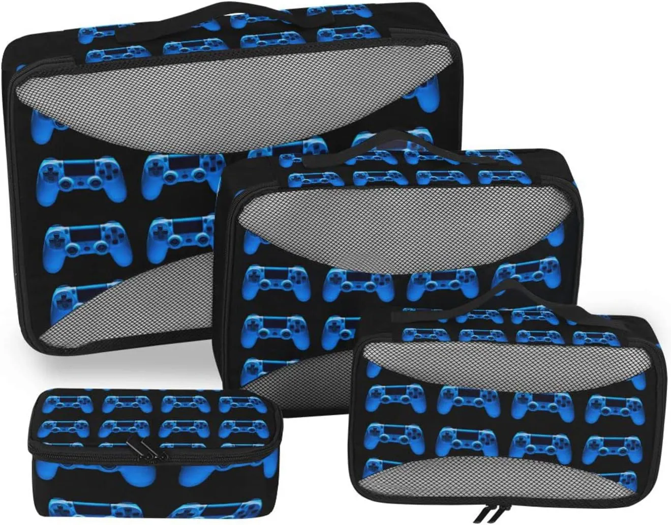 Video Game Joystick Gamepad in Blue Neon Lights Isolated on Black 4 PCs Set Packing Bags, Luggage Organizer Bag, Portable Cube Toiletry bag, Durable Travel Cosmetic Storage Bag for Men Women