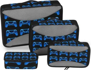 Video Game Joystick Gamepad in Blue Neon Lights Isolated on Black 4 PCs Set Packing Bags, Luggage Organizer Bag, Portable Cube Toiletry bag, Durable Travel Cosmetic Storage Bag for Men Women
