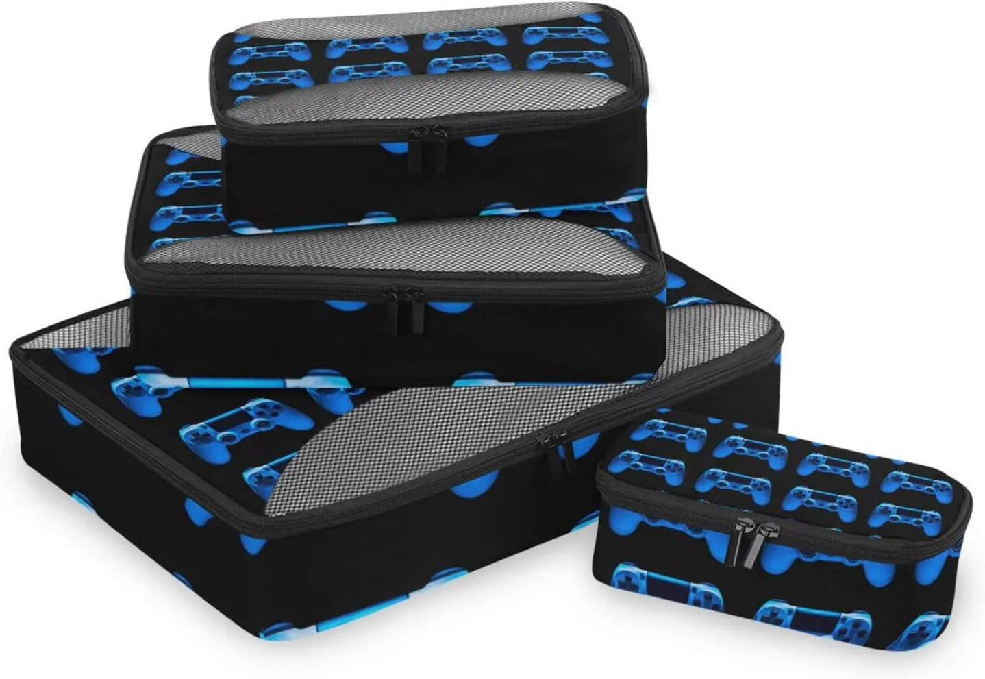 Video Game Joystick Gamepad in Blue Neon Lights Isolated on Black 4 PCs Set Packing Bags, Luggage Organizer Bag, Portable Cube Toiletry bag, Durable Travel Cosmetic Storage Bag for Men Women