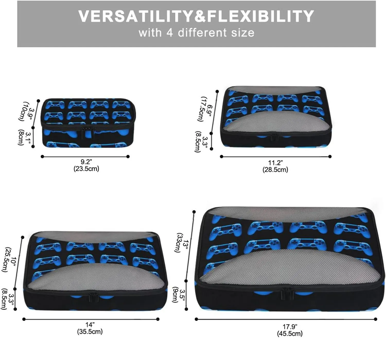 Video Game Joystick Gamepad in Blue Neon Lights Isolated on Black 4 PCs Set Packing Bags, Luggage Organizer Bag, Portable Cube Toiletry bag, Durable Travel Cosmetic Storage Bag for Men Women