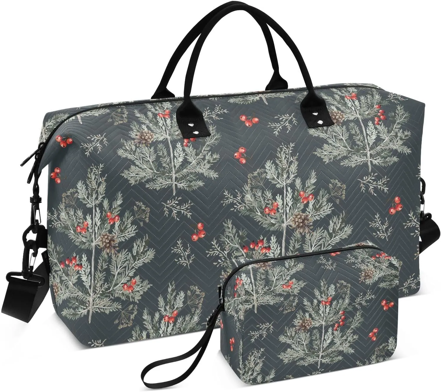 VIGTRO Travel Duffel Bag Weekender Overnight Bag with Toiletry Bag Christmas Pine Trees Printed, Carry On Luggage Bag Berries for Hospital Gym Travel Business, 2 Pcs Set