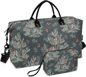 VIGTRO Travel Duffel Bag Weekender Overnight Bag with Toiletry Bag Christmas Pine Trees Printed, Carry On Luggage Bag Berries for Hospital Gym Travel Business, 2 Pcs Set