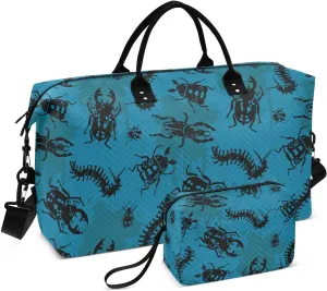 VIGTRO Travel Duffel Bag Weekender Overnight Bag with Toiletry Bag Cool Bugs Beetle Pattern Printed, Carry On Luggage Bag for Hospital Gym Travel Business, 2 Pcs Set