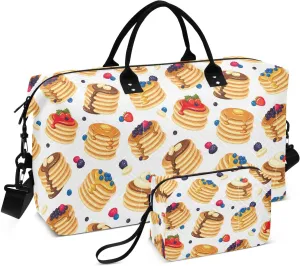 VIGTRO Travel Duffel Bag Weekender Overnight Bag with Toiletry Bag Traditional Pancake Printed, Carry On Luggage Bag Sweet Breakfast for Hospital Gym Travel Business, 2 Pcs Set